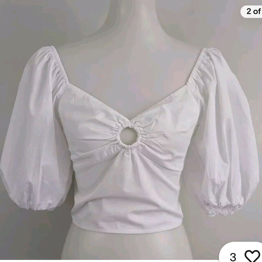 Abercrombie & Fitch Puff Sleeve Top White Cotton Crop O Ring Smocked Stretch